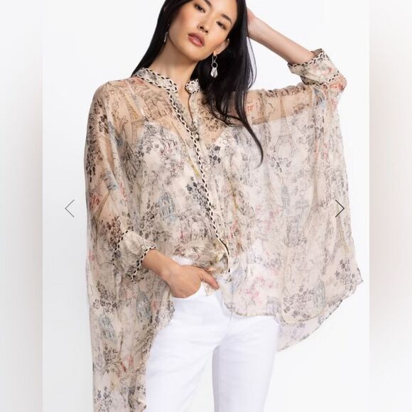 Johnny Was Katia Cream and Gray Script Oversize Silk Blouse - Picture 3 of 5
